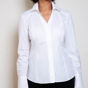 Lafayette 148 New York White Cotton Blend Button-Down Shirt, Size 2